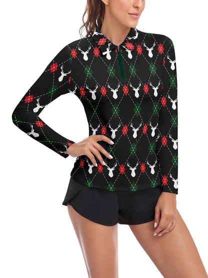 Christmas Reindeer Pattern Long-sleeve Polo Shirt for Ladies