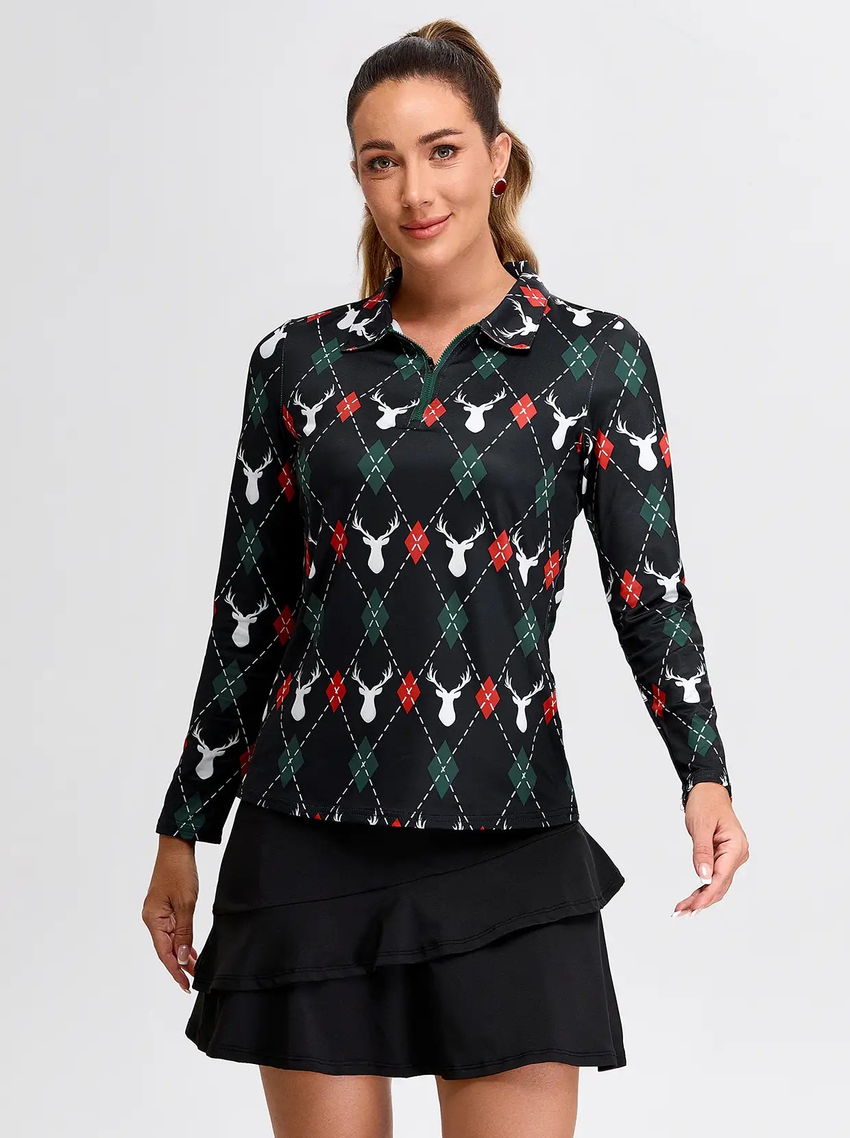 Christmas Reindeer Pattern Long-sleeve Polo Shirt for Ladies