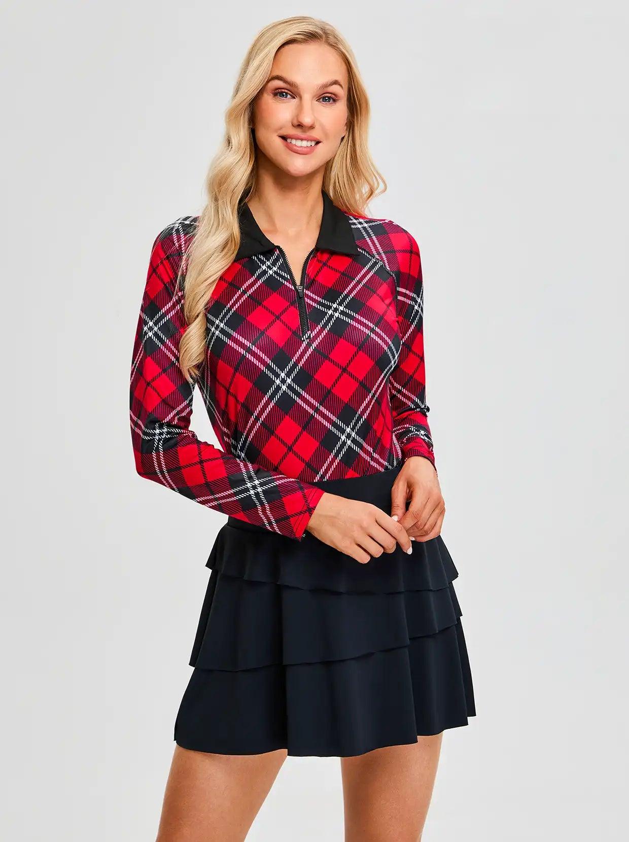 Christmas Red Argyle Quarter Zip Long-sleeve Polo Shirts for Women