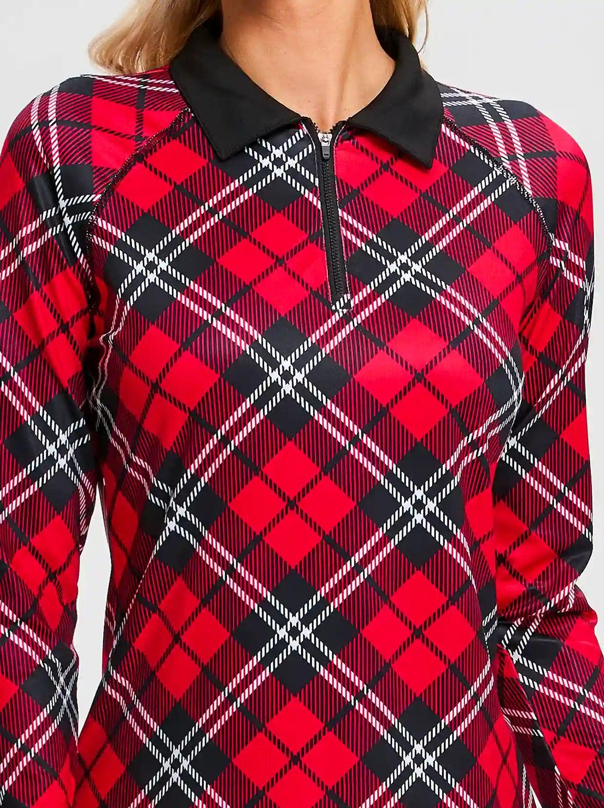 Christmas Red Argyle Quarter Zip Long-sleeve Polo Shirts for Women