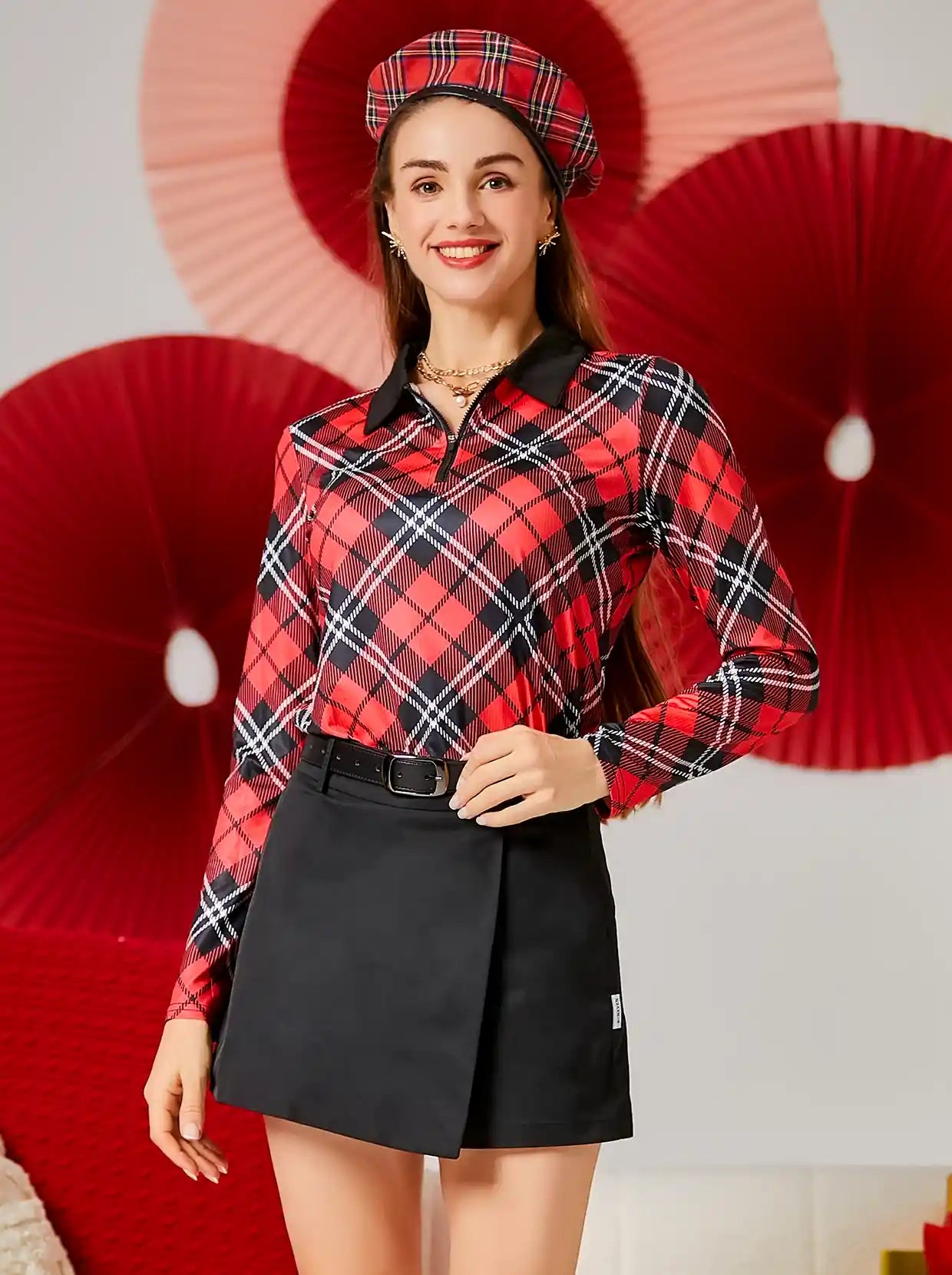 Christmas Red Argyle Quarter-zip Long-sleeve Shirt for Women