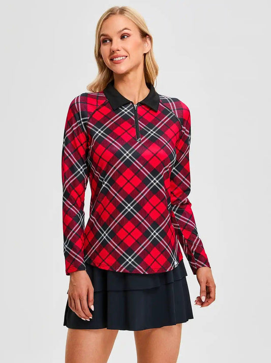 Christmas Red Argyle Quarter Zip Long-sleeve Polo Shirts for Women