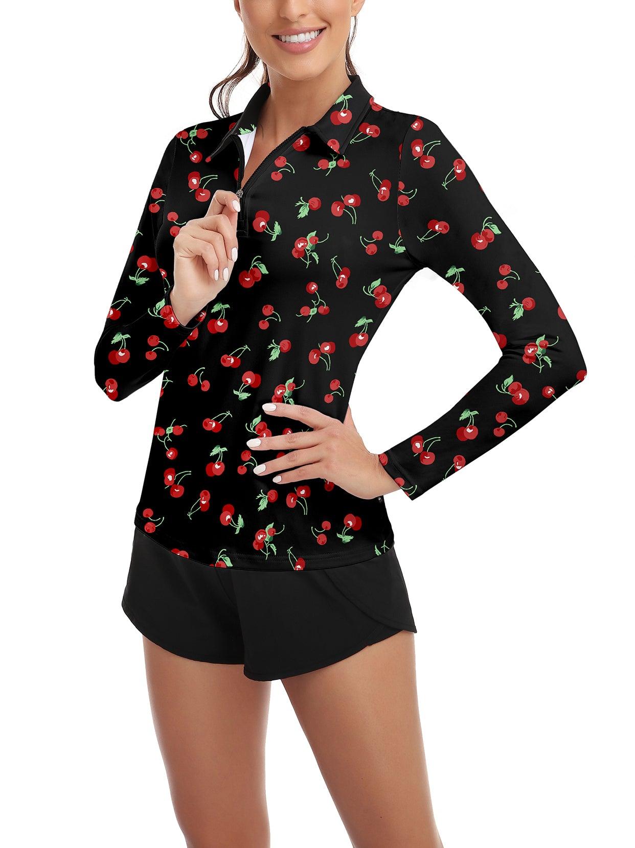 Cherry Print Long-sleeve Golf Shirt for Women