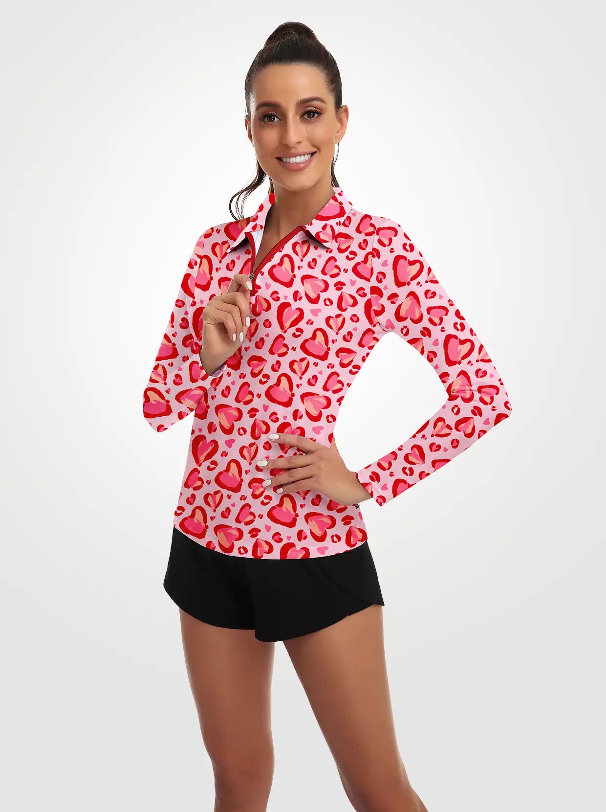 Pink Heart Quarter-zip Long-sleeve Polo Shirt for Women 