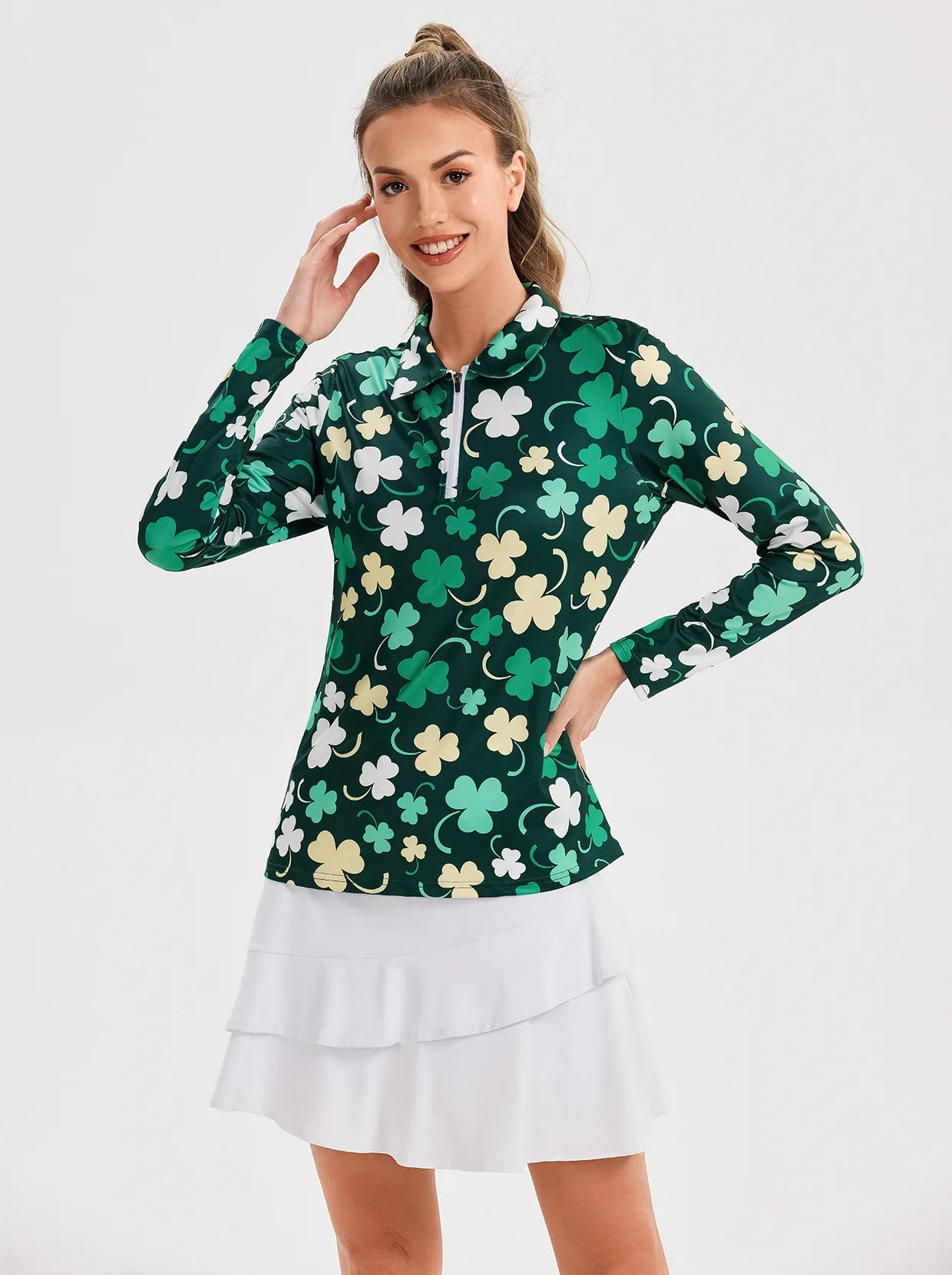 Green Shamrock Quarter-zip Long-sleeve Polo Shirt for Ladies