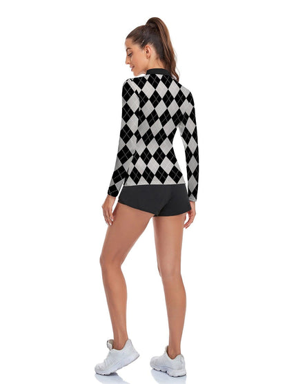 Grey and Black Checkerboard Lapel Long-sleeve Polo Top for Ladies