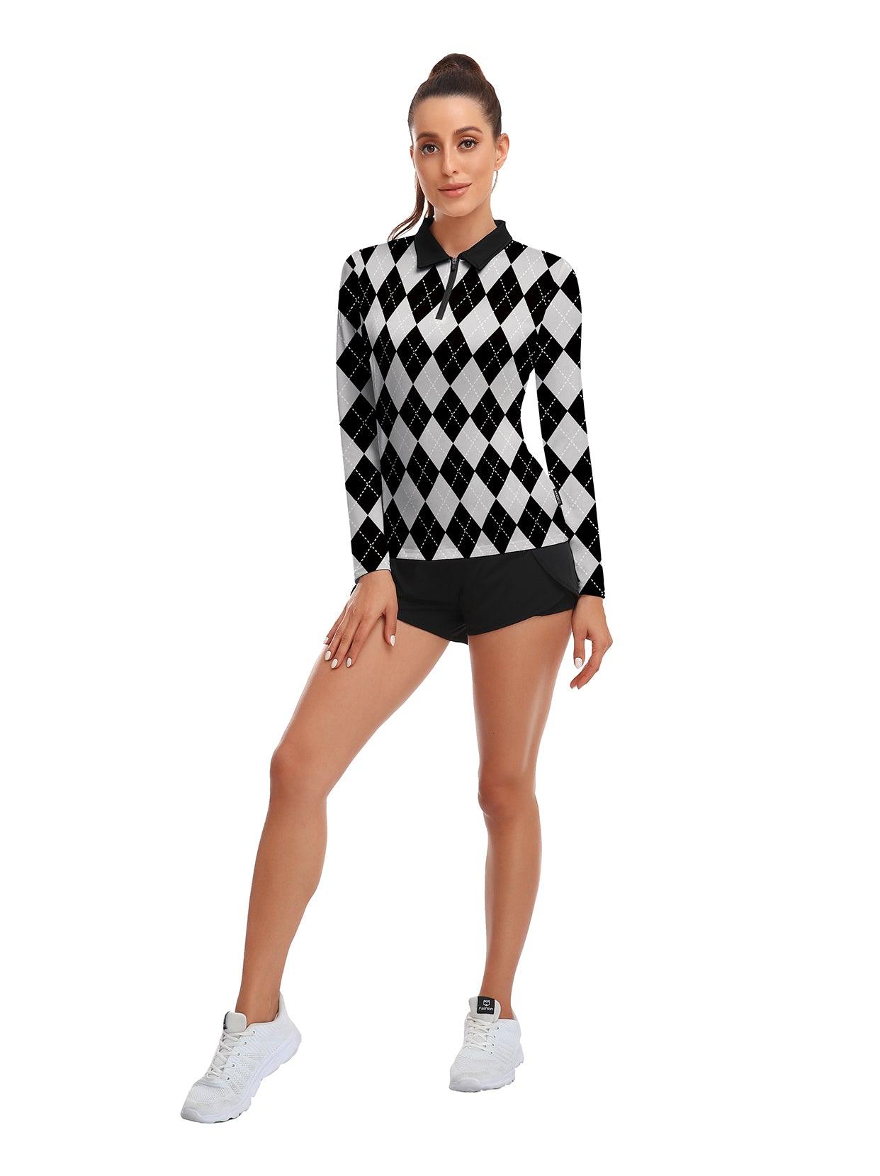 Grey and Black Checkerboard Long-sleeve Polofor Ladies