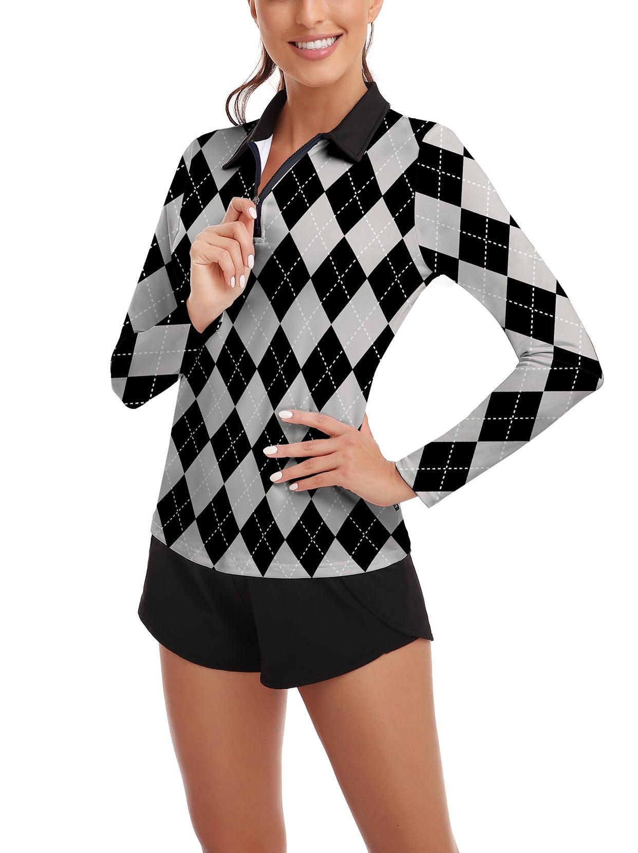 Grey and Black Checkerboard Long-sleeve Polofor Ladies