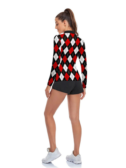 Red and Black Checkerboard Lapel Long-sleeve Polo Top for Ladies