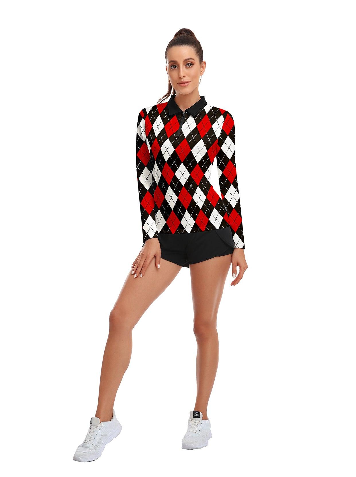 Red and Black Checkerboard Long-sleeve Polo for Ladies