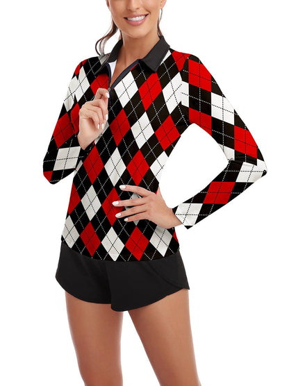 Red and Black Checkerboard Lapel Long-sleeve Polo Top for Ladies