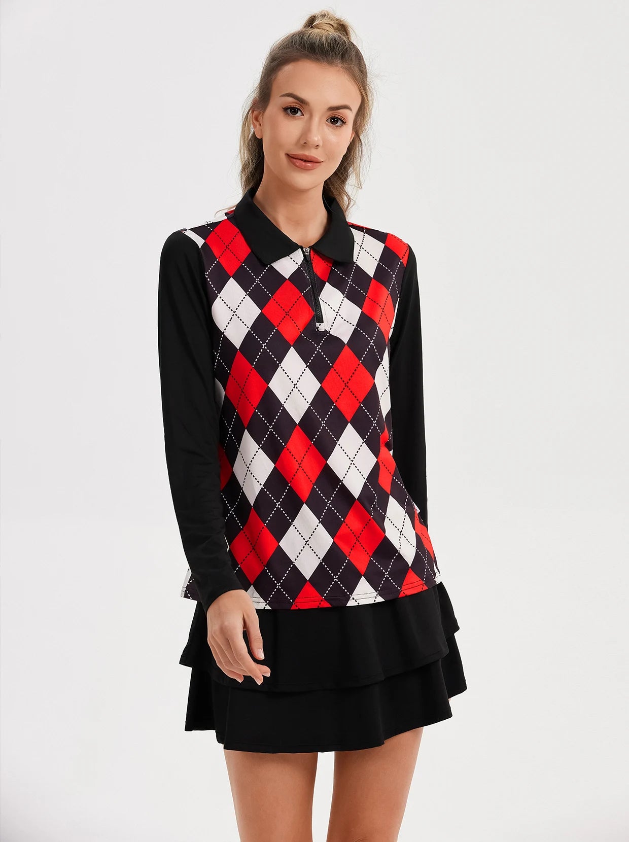 Red and Black Checkerboard Long-sleeve Polo for Ladies