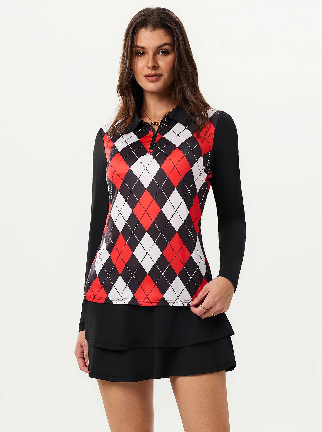 Red and Black Checkerboard Long-sleeve Polo for Ladies