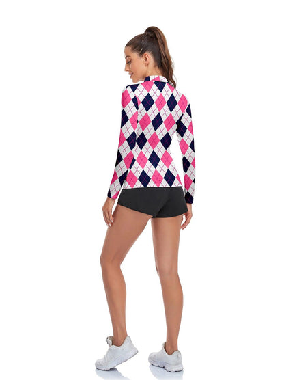 Rose Red and Dark Blue Checkerboard Lapel Long-sleeve Polo Top for Ladies