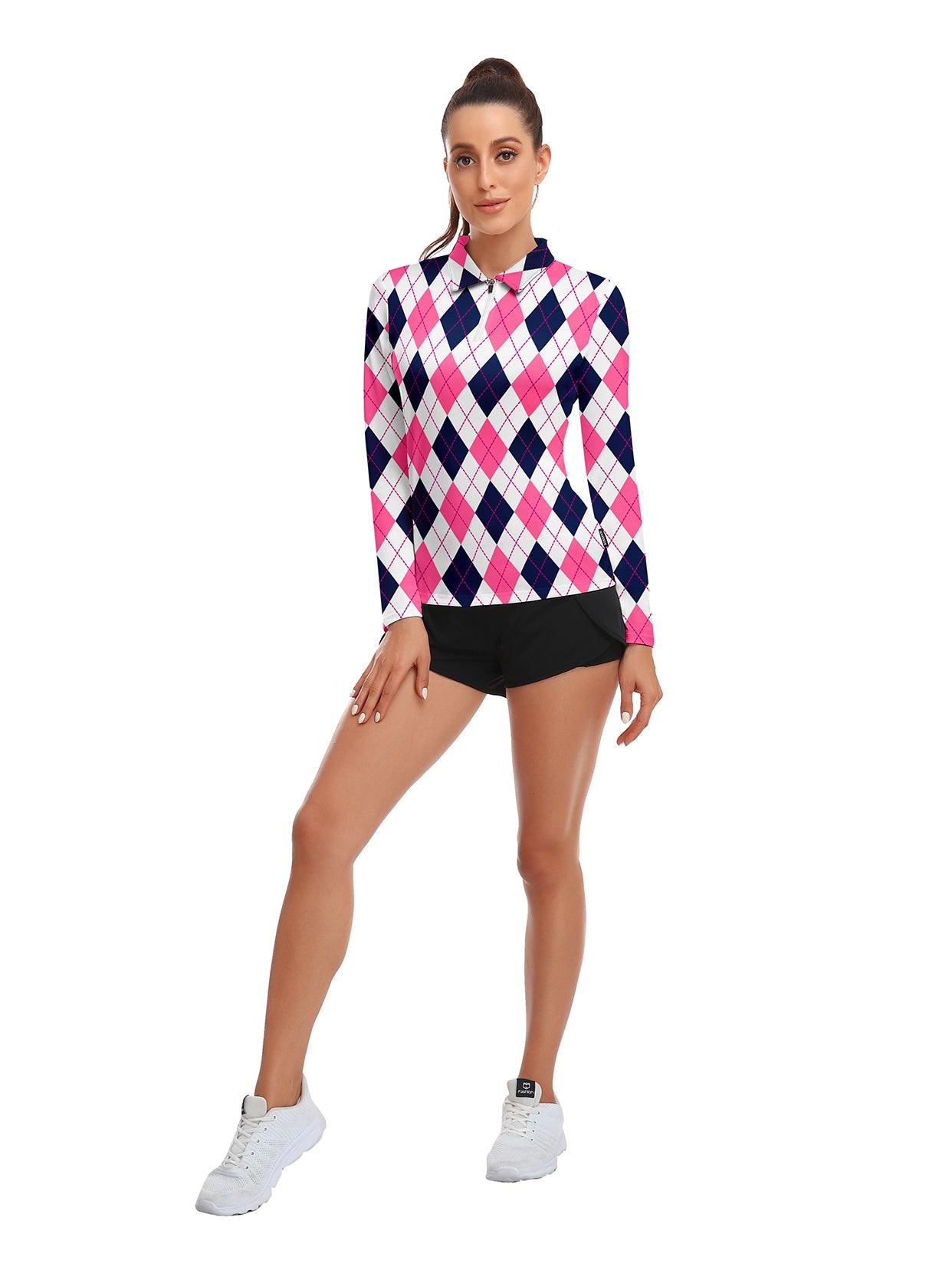 Rose Red and Dark Blue Checkerboard Lapel Long-sleeve Polo Top for Ladies