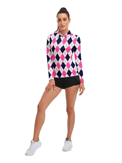 Pink and Navy Checkerboard Long-sleeve Polo for Ladies