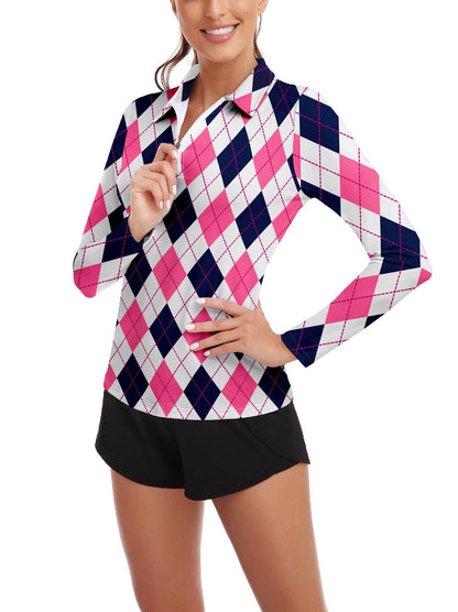 Rose Red and Dark Blue Checkerboard Lapel Long-sleeve Polo Top for Ladies