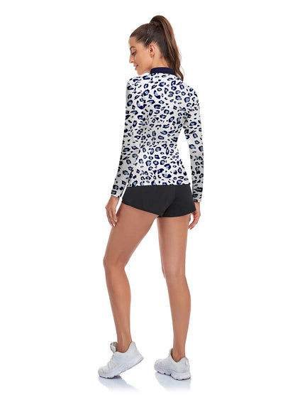 Blue Leopard Print Long-sleeve Polo Top for Ladies