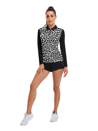 Black and White Leopard Print Lapel Long-sleeve Polo Top for Ladies