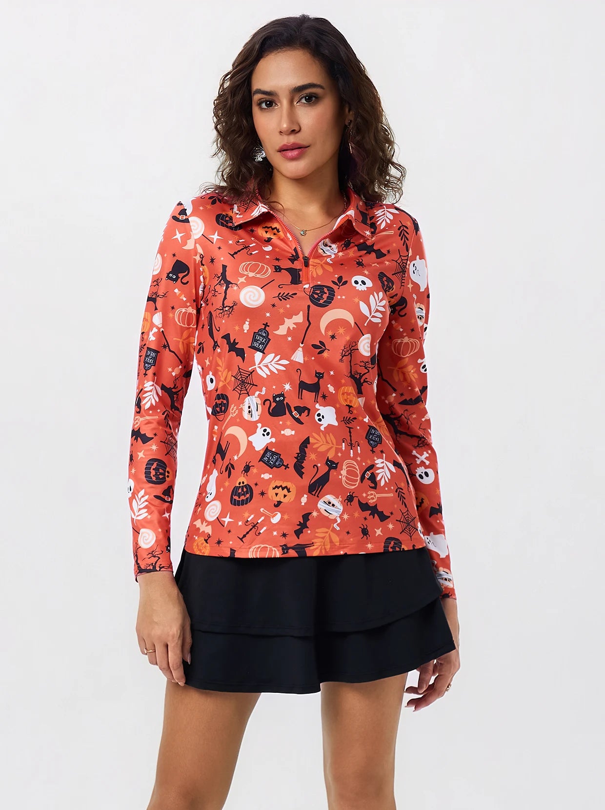 Halloween Orange Quarter-zip Long-sleeve Polo Shirt 