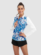 Blue Floral Quarter-zip Long-sleeve Polo Shirt 