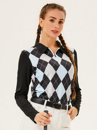 Black and Blue Argyle Long-sleeve Polo Top for Ladies