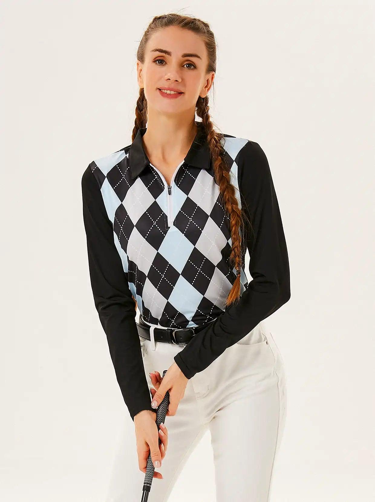 Black and Blue Argyle Long-sleeve Polo Top for Ladies