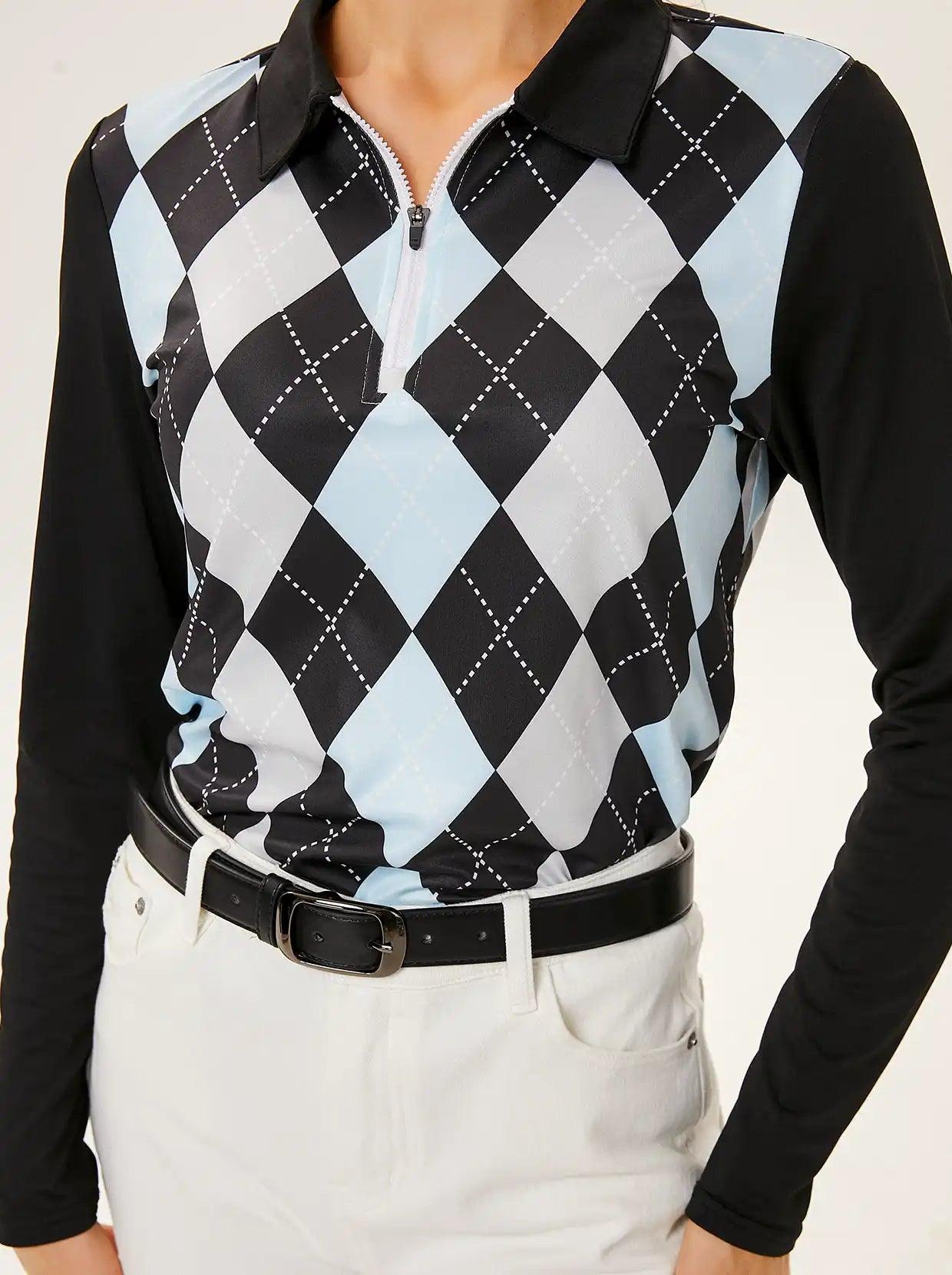 Black and Blue Argyle Long-sleeve Polo Top for Ladies