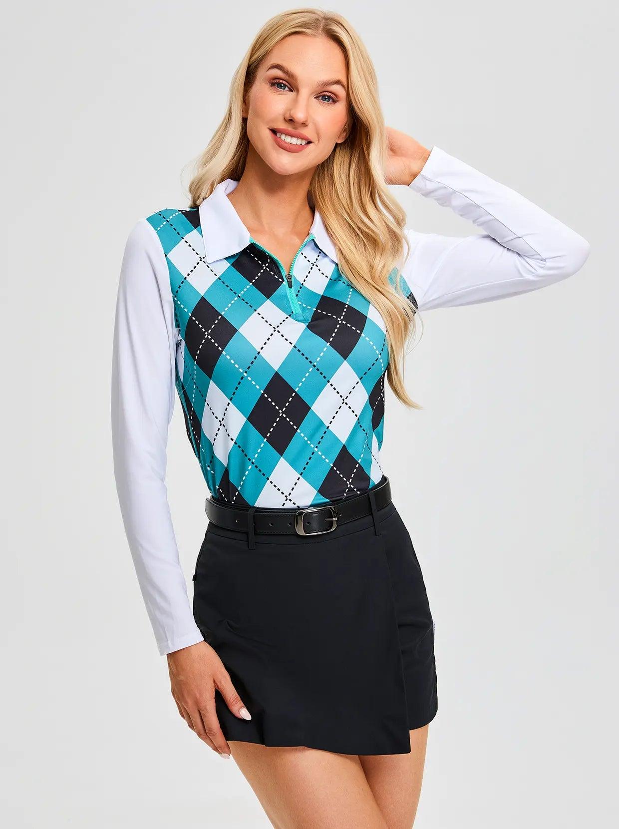 Green and Black Argyle Quarter-zip Long-sleeve Polo Top for Ladies