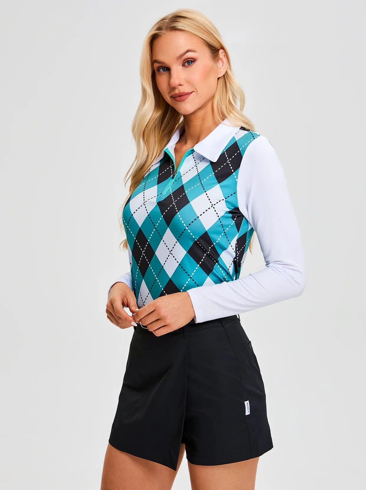 Green and Black Argyle Quarter-zip Long-sleeve Polo Top for Ladies