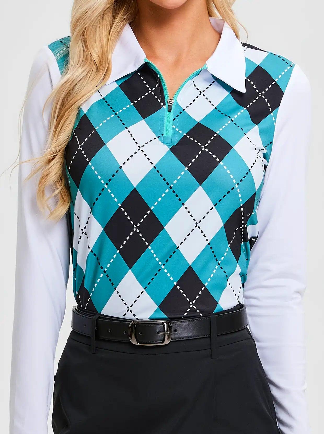 Green and Black Argyle Quarter-zip Long-sleeve Polo Top for Ladies