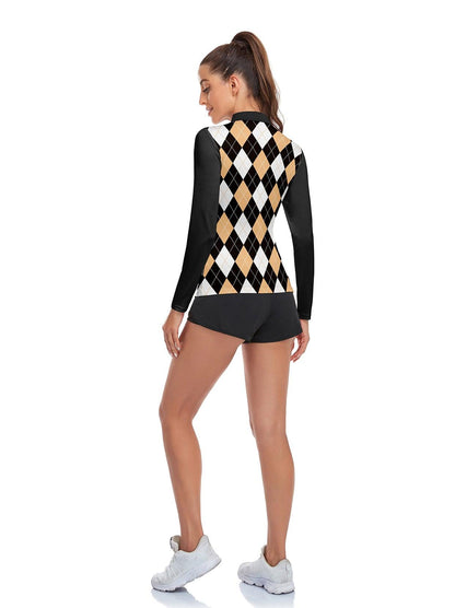 Blue and Brown Checkerboard Long-sleeve Polo for Ladies