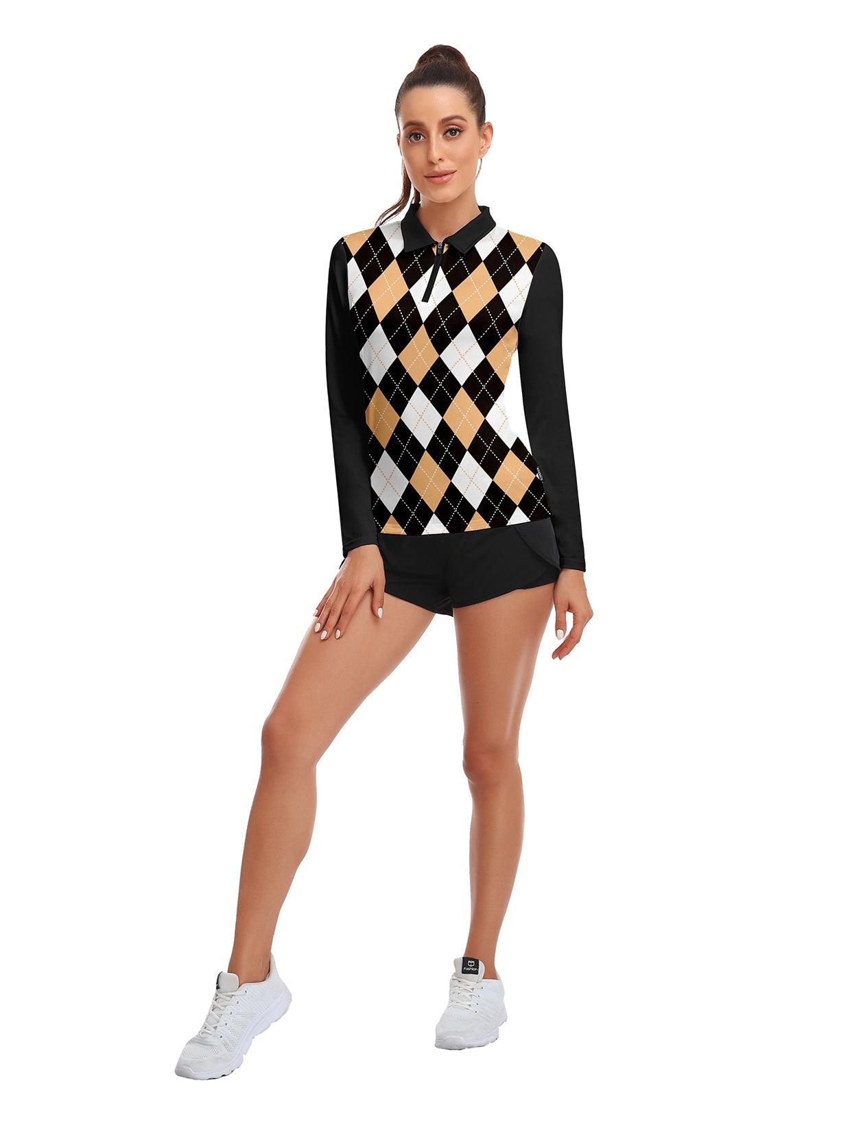 Blue and Brown Checkerboard Long-sleeve Polo for Ladies