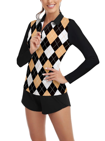 Blue and Brown Checkerboard Long-sleeve Polo for Ladies