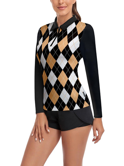 Blue and Brown Checkerboard Long-sleeve Polo for Ladies