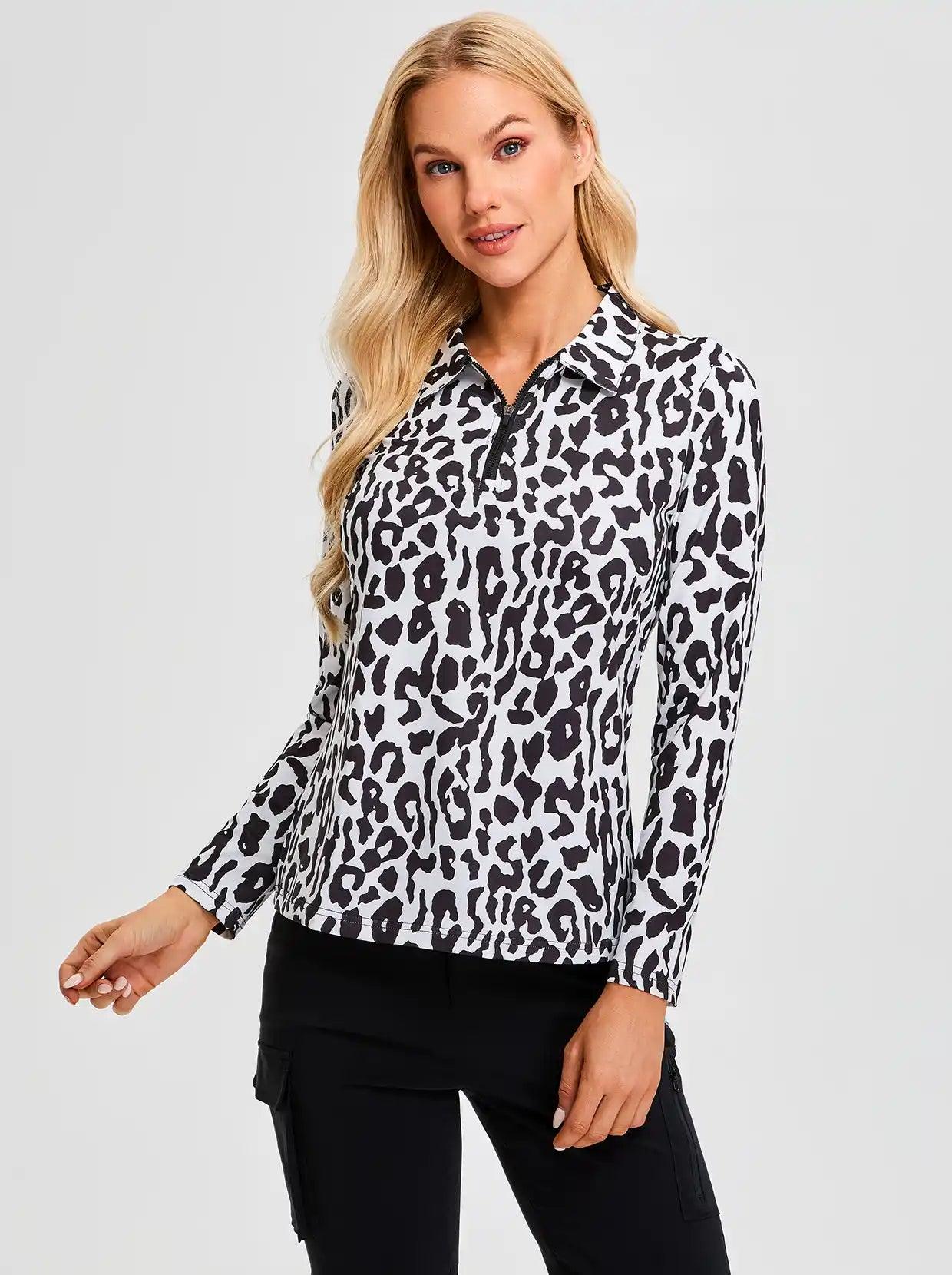 Black Leopard Quarterzip  Long-sleeve Polo Top for Ladies