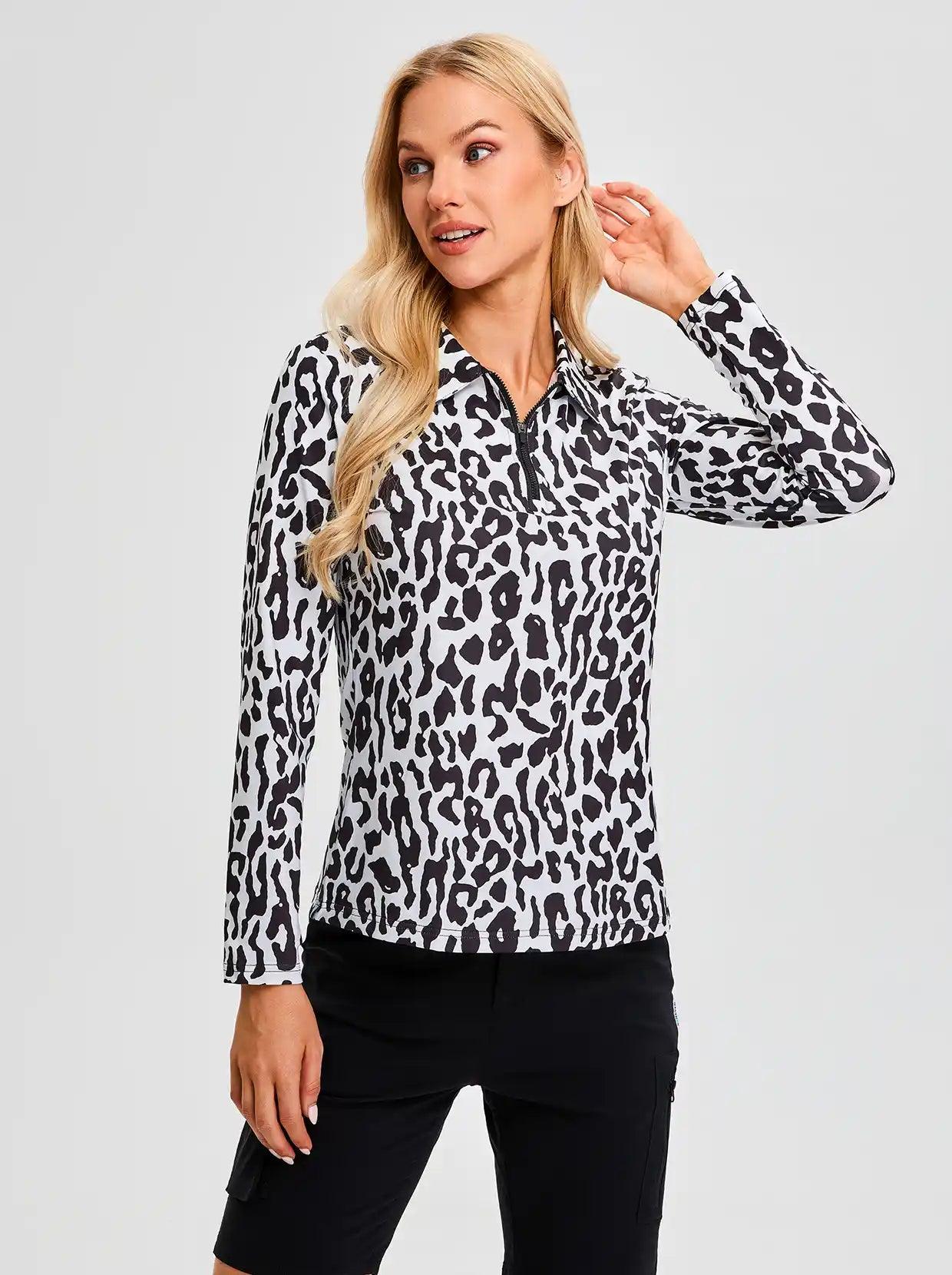 Black Leopard Quarterzip  Long-sleeve Polo Top for Ladies