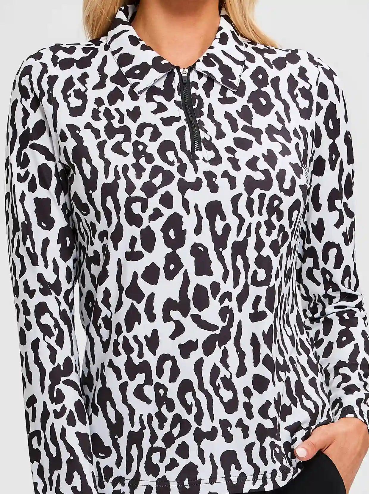 Black Leopard Quarterzip  Long-sleeve Polo Top for Ladies