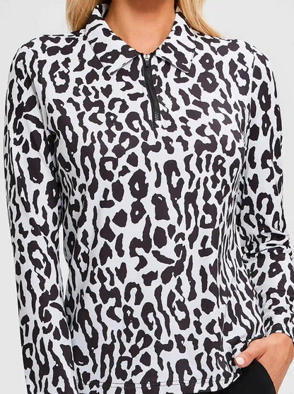 Black Leopard Quarterzip  Long-sleeve Polo Top for Ladies