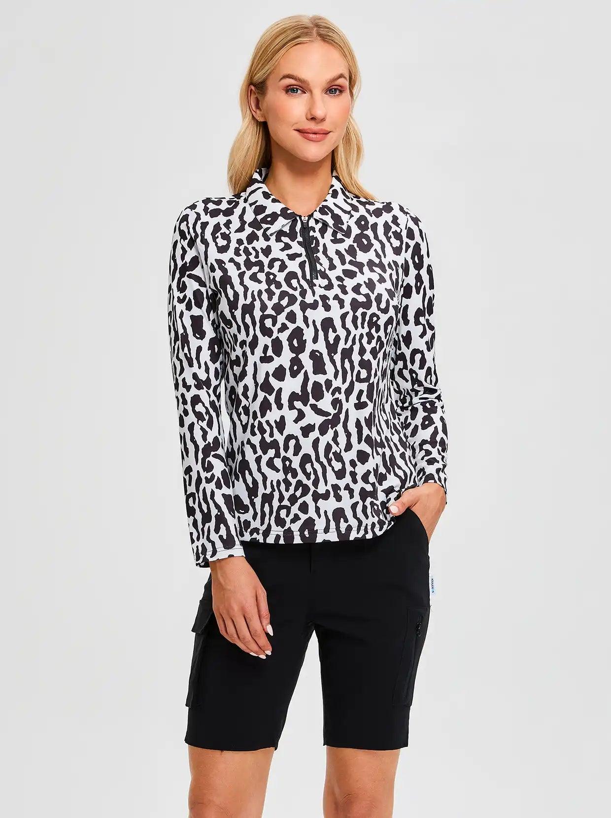 Black Leopard Quarter Zip  Long-sleeve Polo Top for Ladies