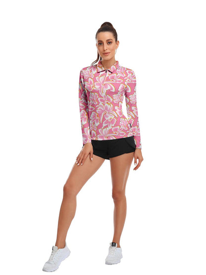 Pink Floral Long-sleeve Golf Shirt for Women