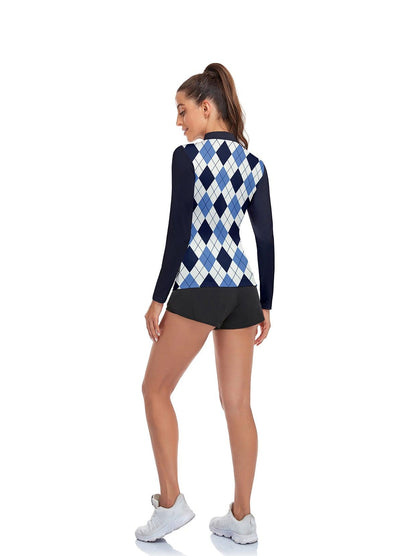 Blue and White Checkerboard Long-sleeve Golf Shirt for Women