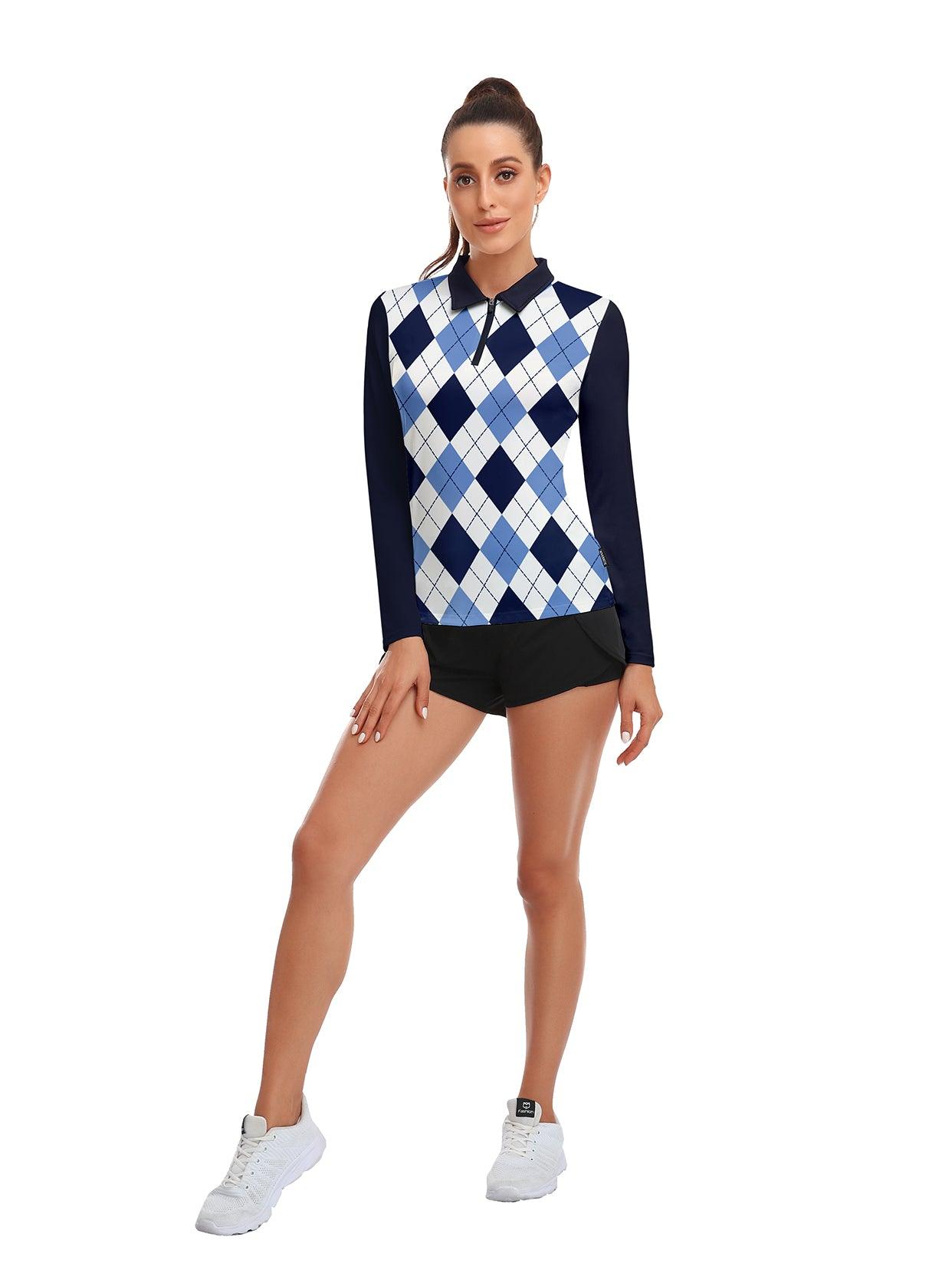 Blue and White Checkerboard Long-sleeve Golf Shirt for Women