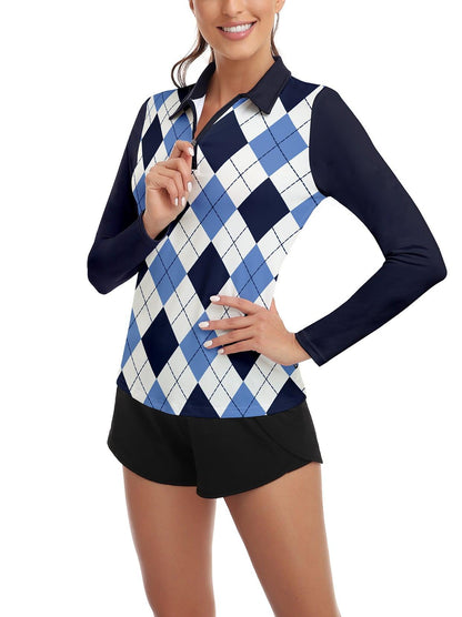 Blue and White Checkerboard Long-sleeve Golf Shirt for Women