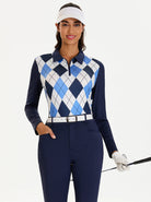 Blue and White Checkerboard Long-sleeve Golf Shirt for Women