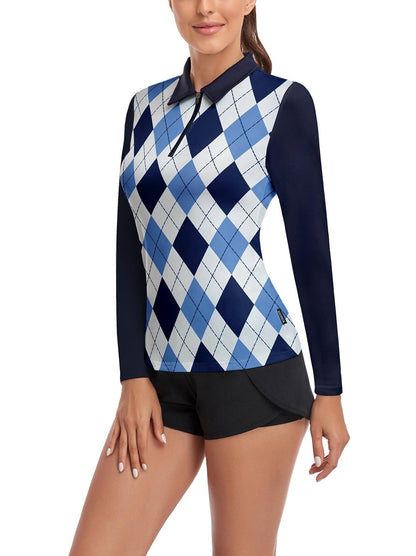 Blue and White Checkerboard Long-sleeve Golf Shirt for Women