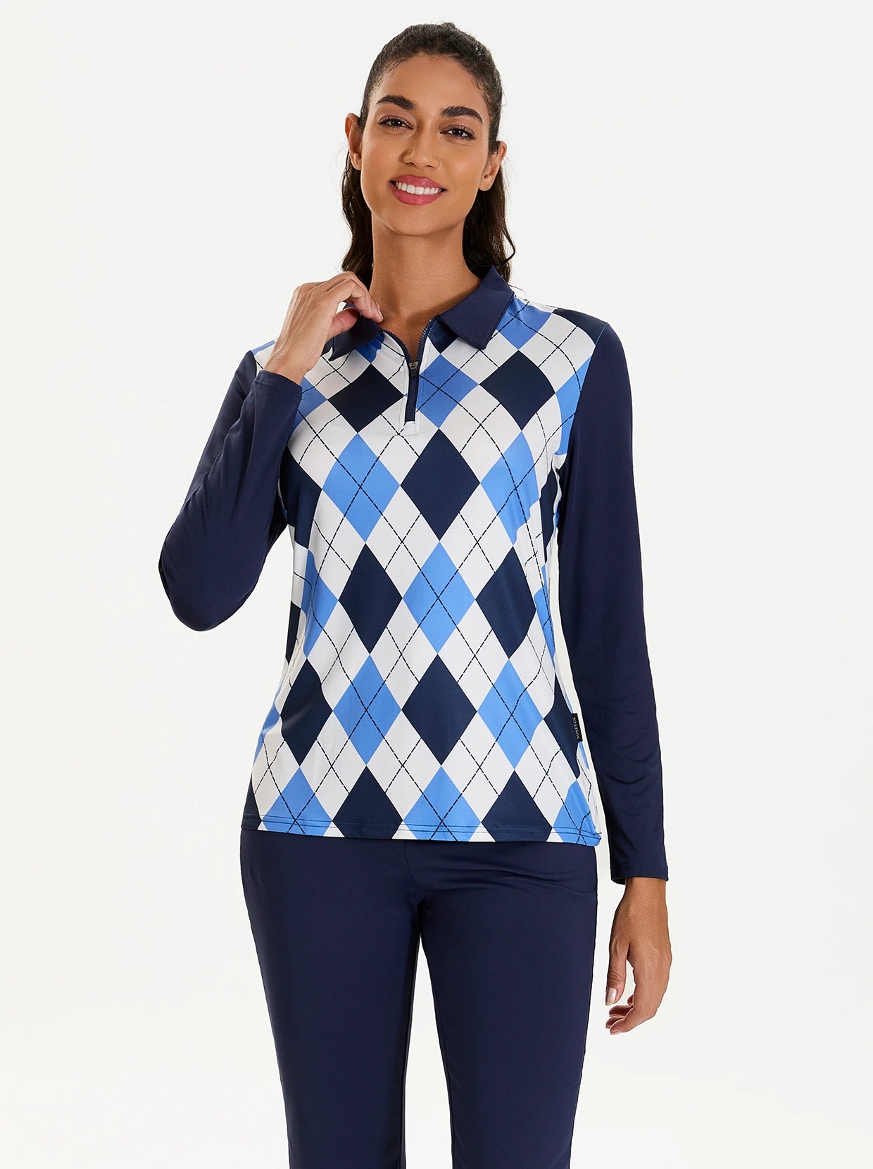 Blue and White Checkerboard Long-sleeve Golf Shirt for Women