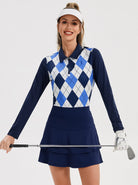 Blue and White Checkerboard Long-sleeve Golf Shirt for Women