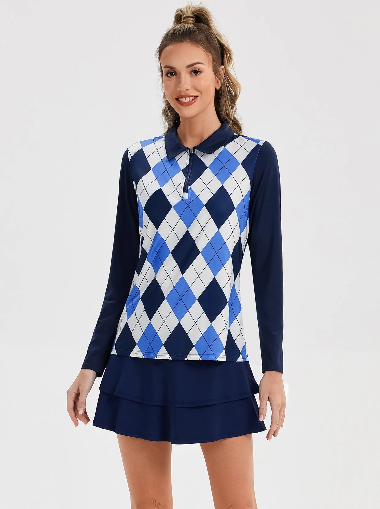 Blue and White Checkerboard Long-sleeve Golf Shirt for Women