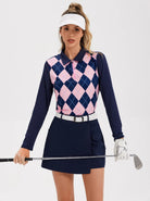 Blue and Pink Checkerboard Lapel Long-sleeve Polo Top for Ladies